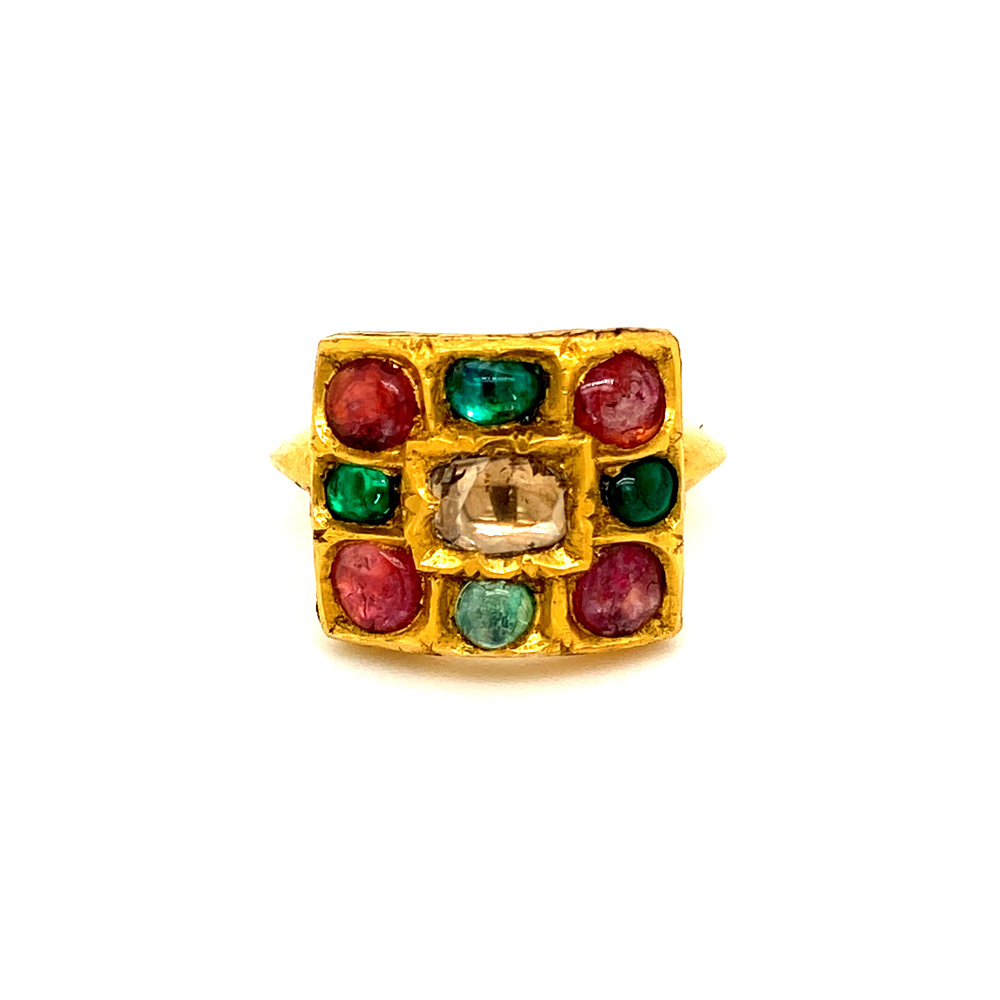 Polki Diamond Ruby and Emerald Ladies Ring in 18K Yellow Gold