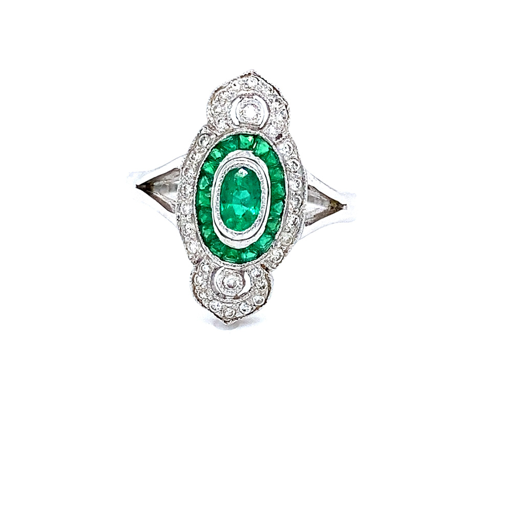 Emerald and Diamond Ladies Ring in 14K White Gold
