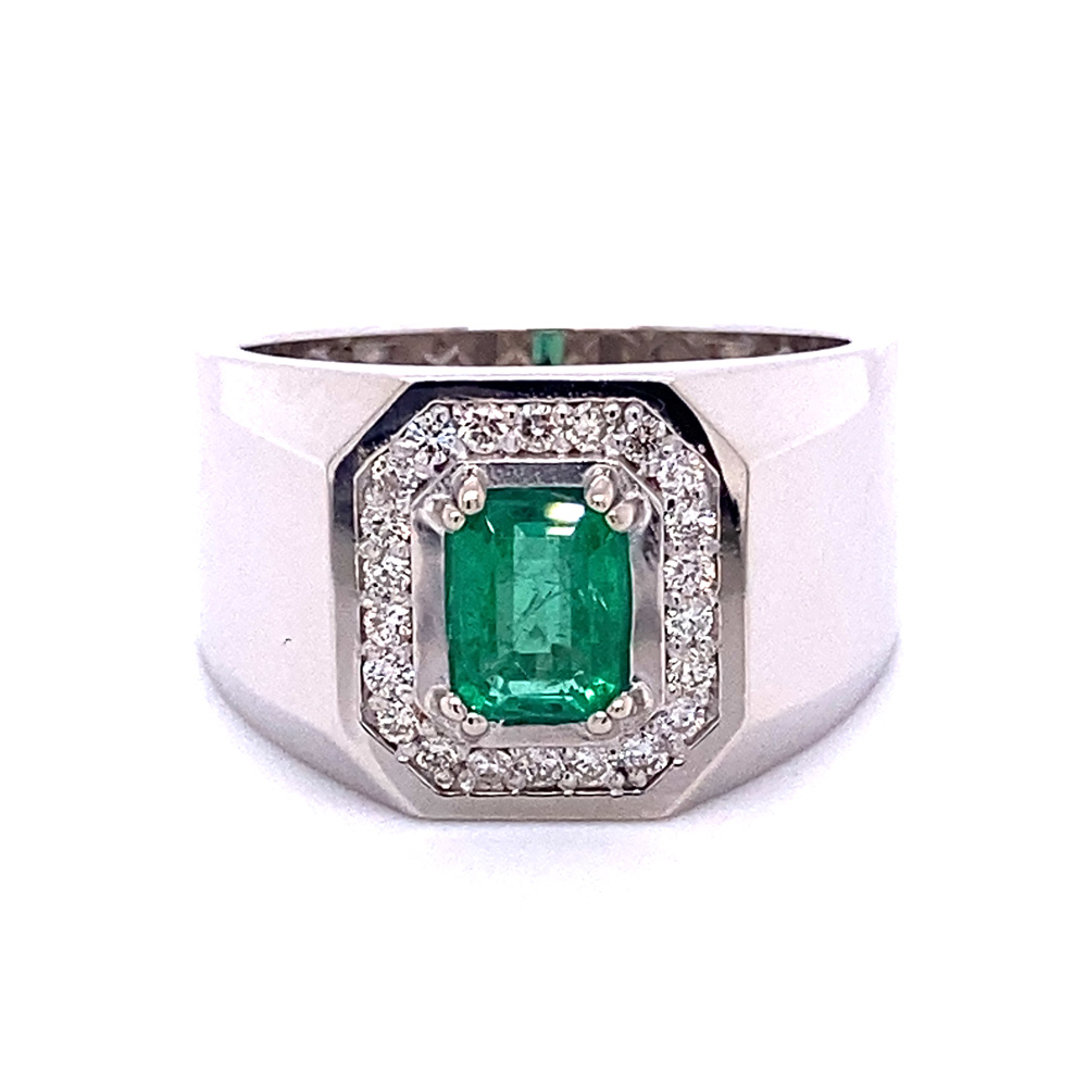 Emerald Mens Ring in 14K White Gold