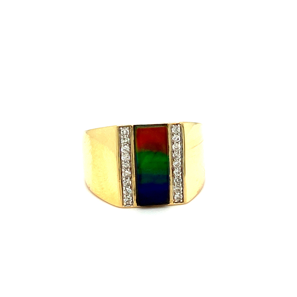 Ammolite and Diamond Mens Ring in 14K Yellow Gold