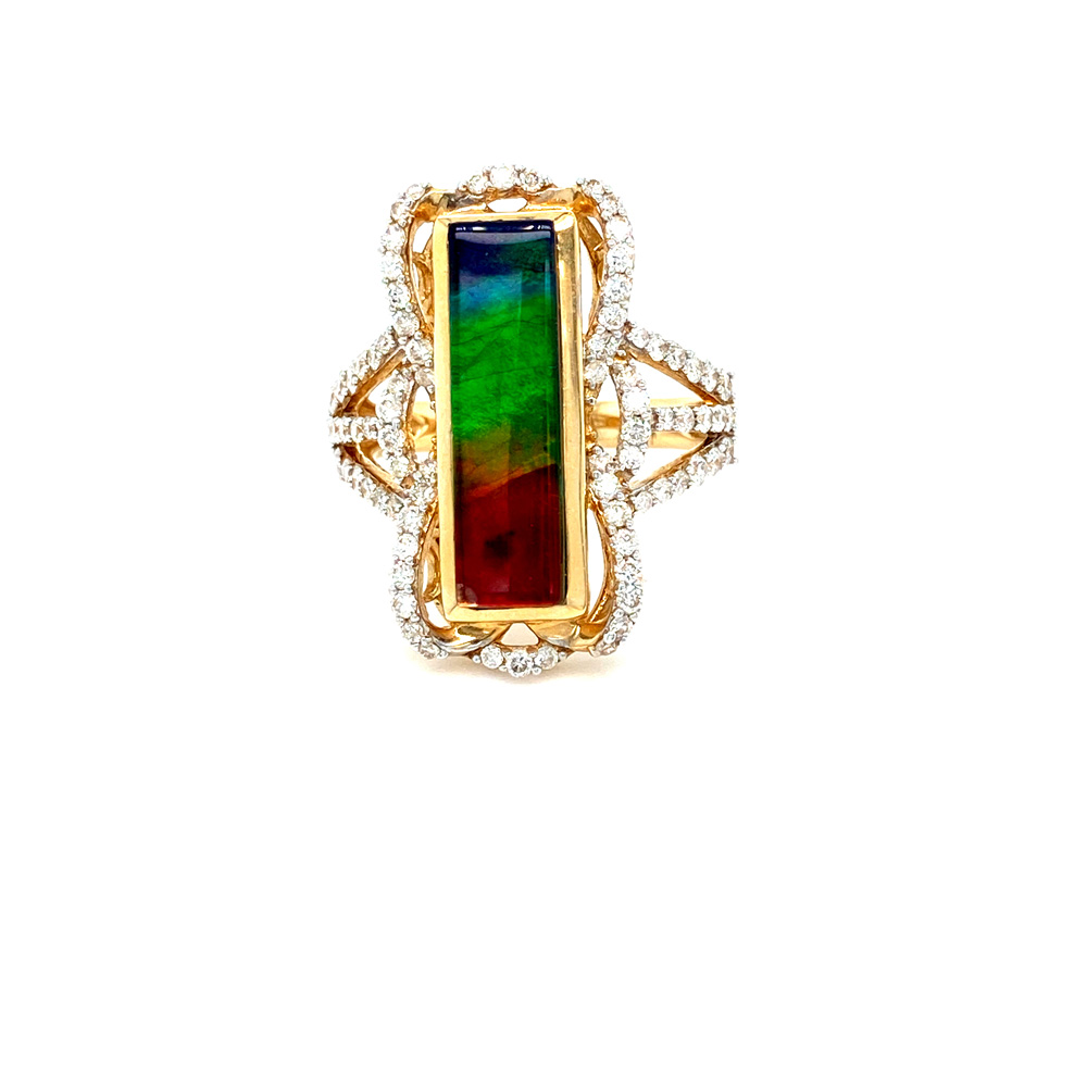 Ammolite and Diamond Ring in 14K Yellow Gold