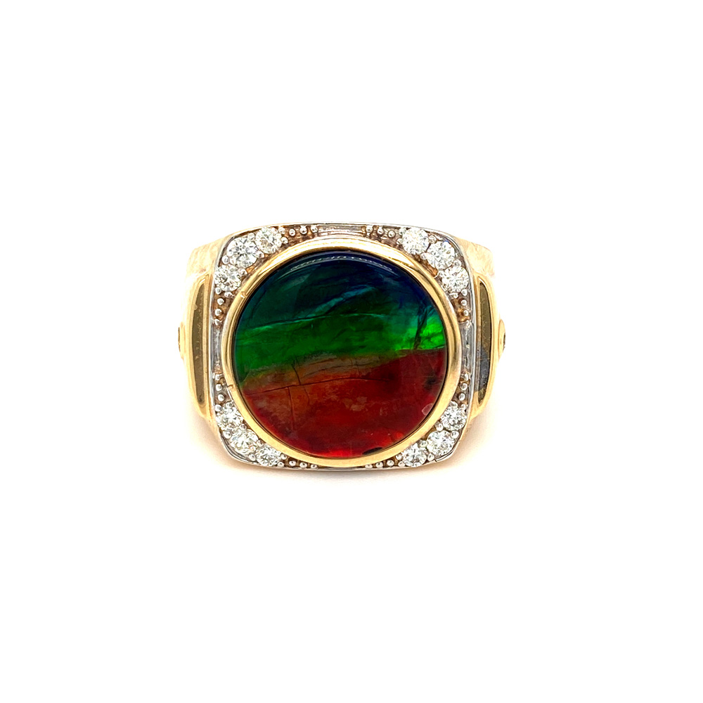 Ammolite and Diamond Mens Ring in 14K Yellow Gold