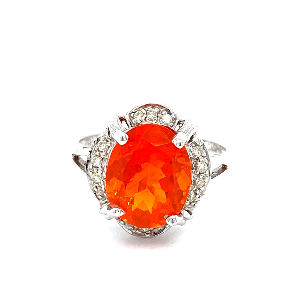 Fire Opal and Diamond Ring in 14K White Gold