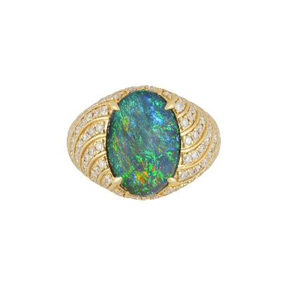 Natural Black Opal Ring in 14K Yellow Gold