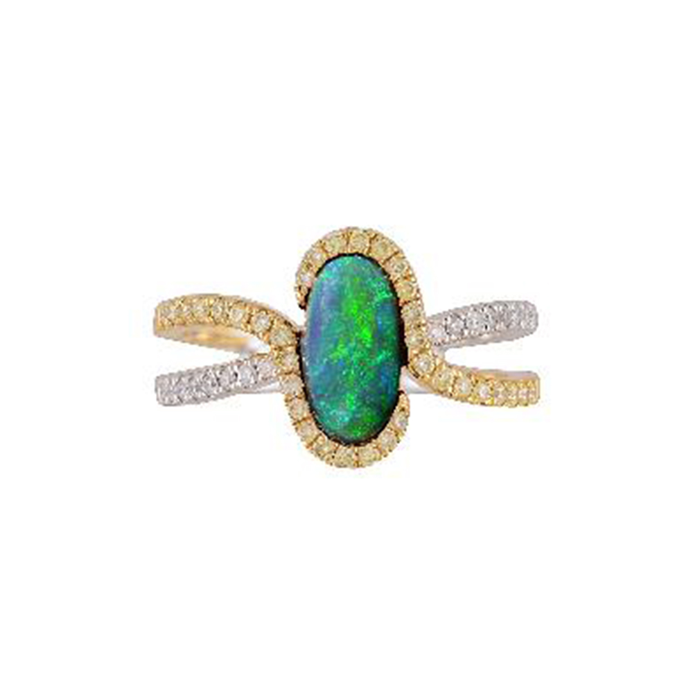 Natural Black Opal Ring in 14K Two Tone Gold