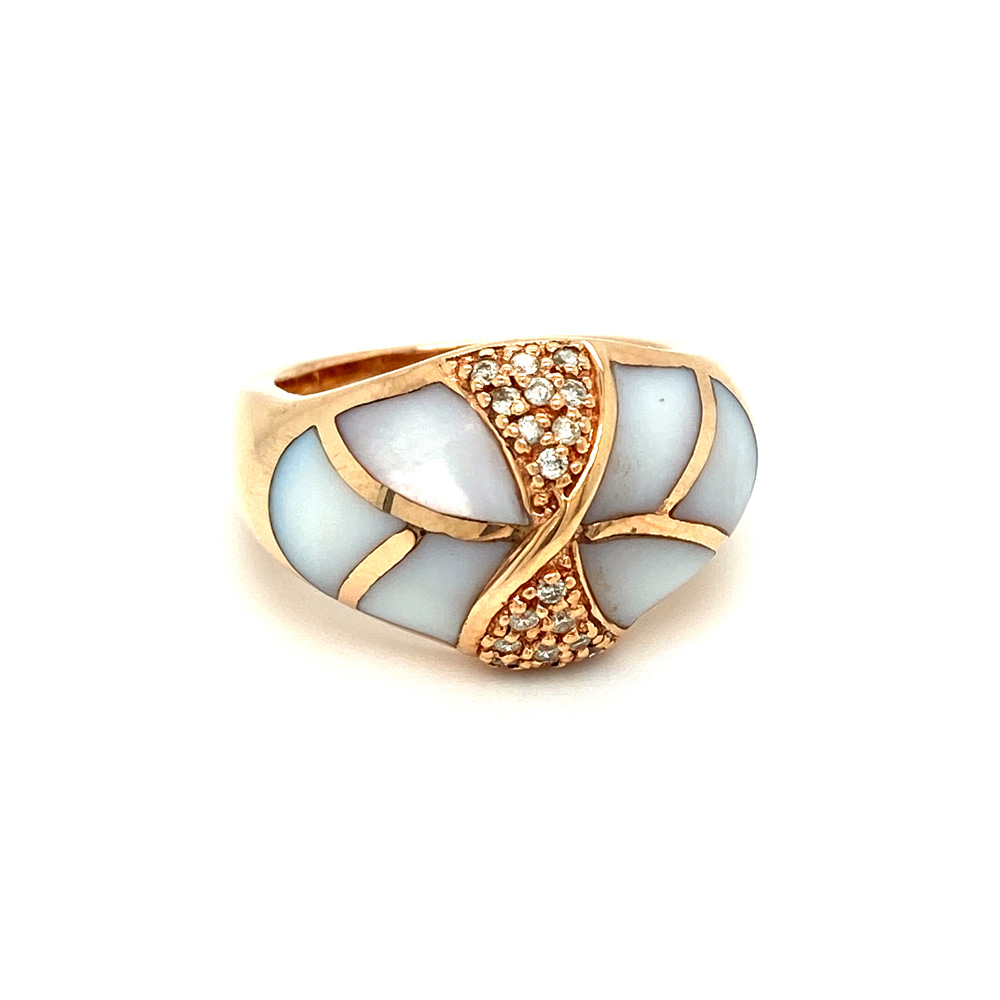Pink Mother of Pearl and Diamond Ring in 14K Yellow Gold