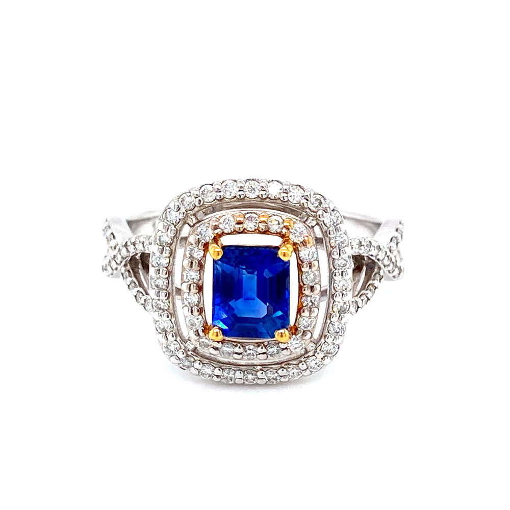 Blue Sapphire and Diamond Ring in 14K Two Tone Gold