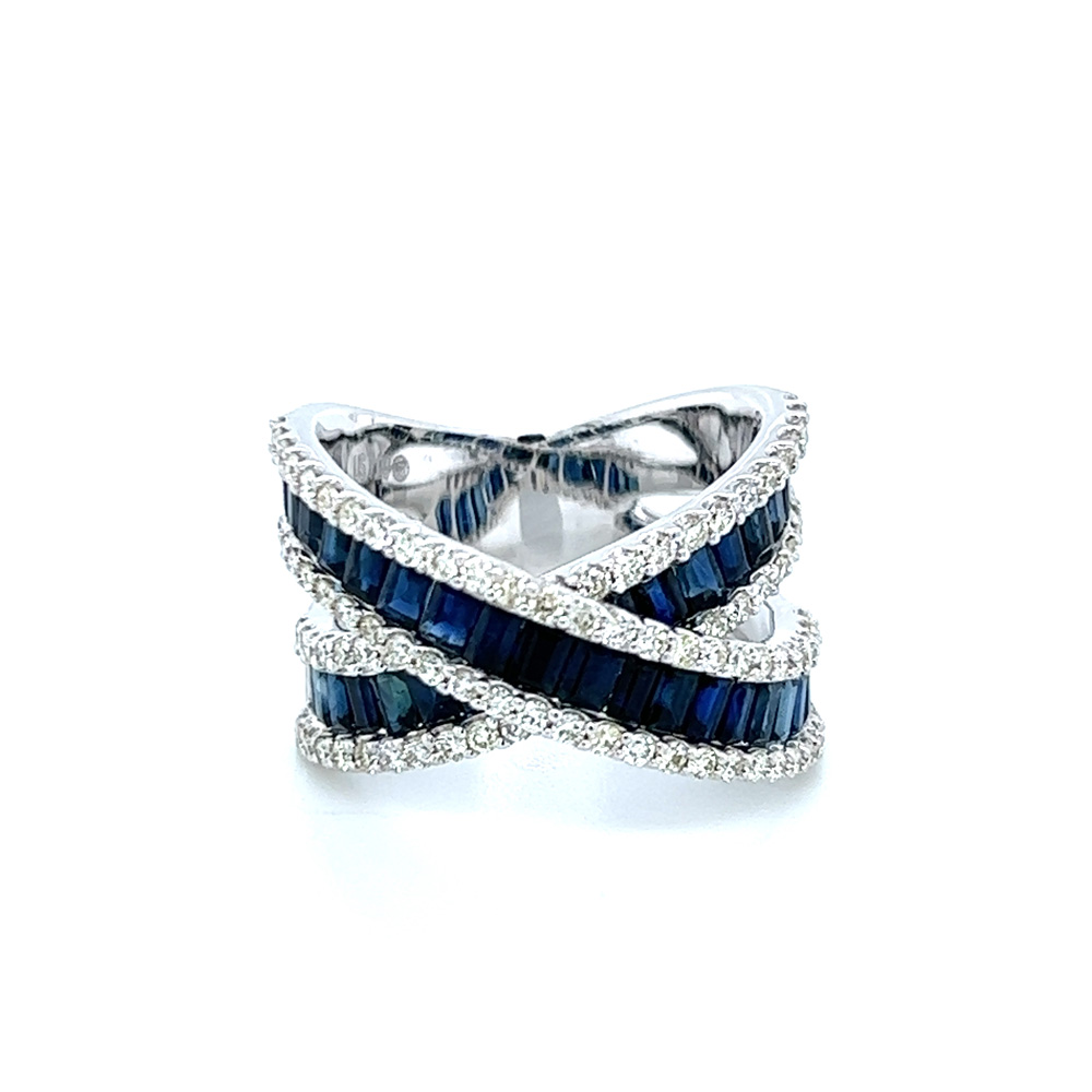 Blue Sapphire and Diamond Crossover Ring in 14K White Gold
