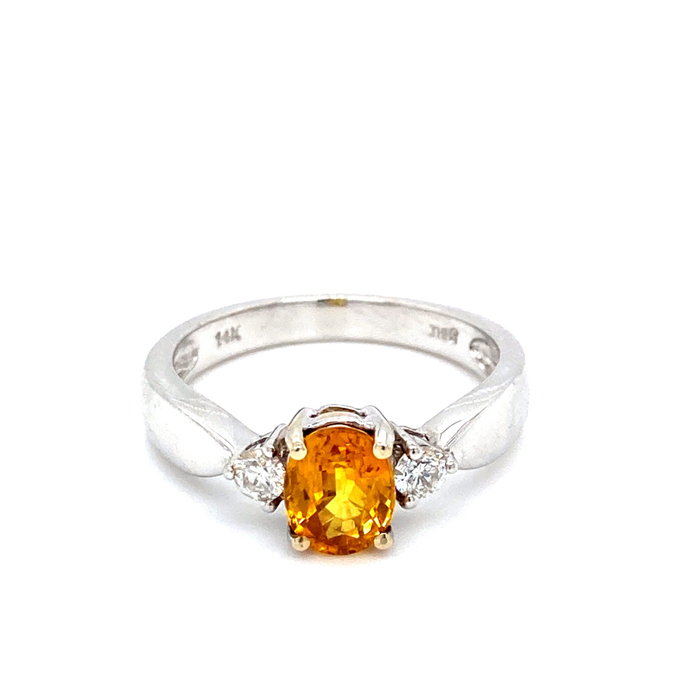 Yellow Sapphire And Diamond Ladies Ring in 14K White Gold
