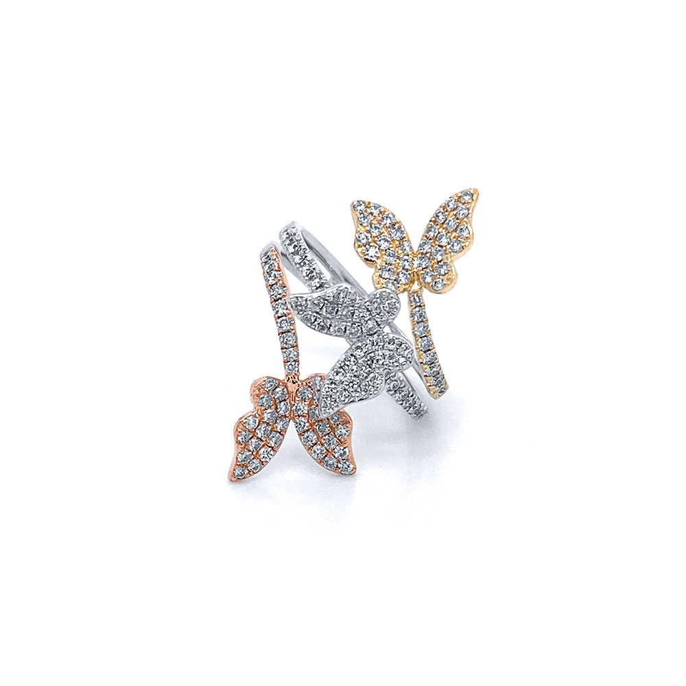 3 Butterflies Diamond Ladies Ring in 14K Tri Tone Gold