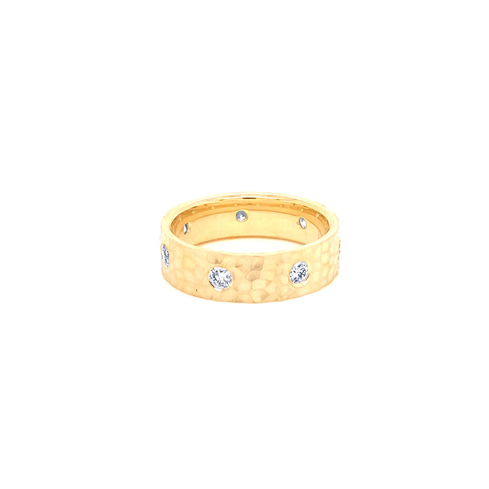 Diamond Hammered Mens Ring in 14K Yellow Gold