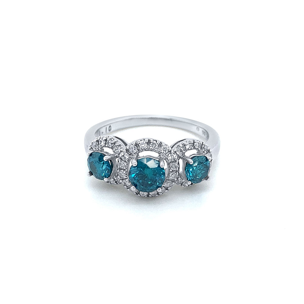 3 Stone Blue Diamond Ladies Ring in 14K White Gold