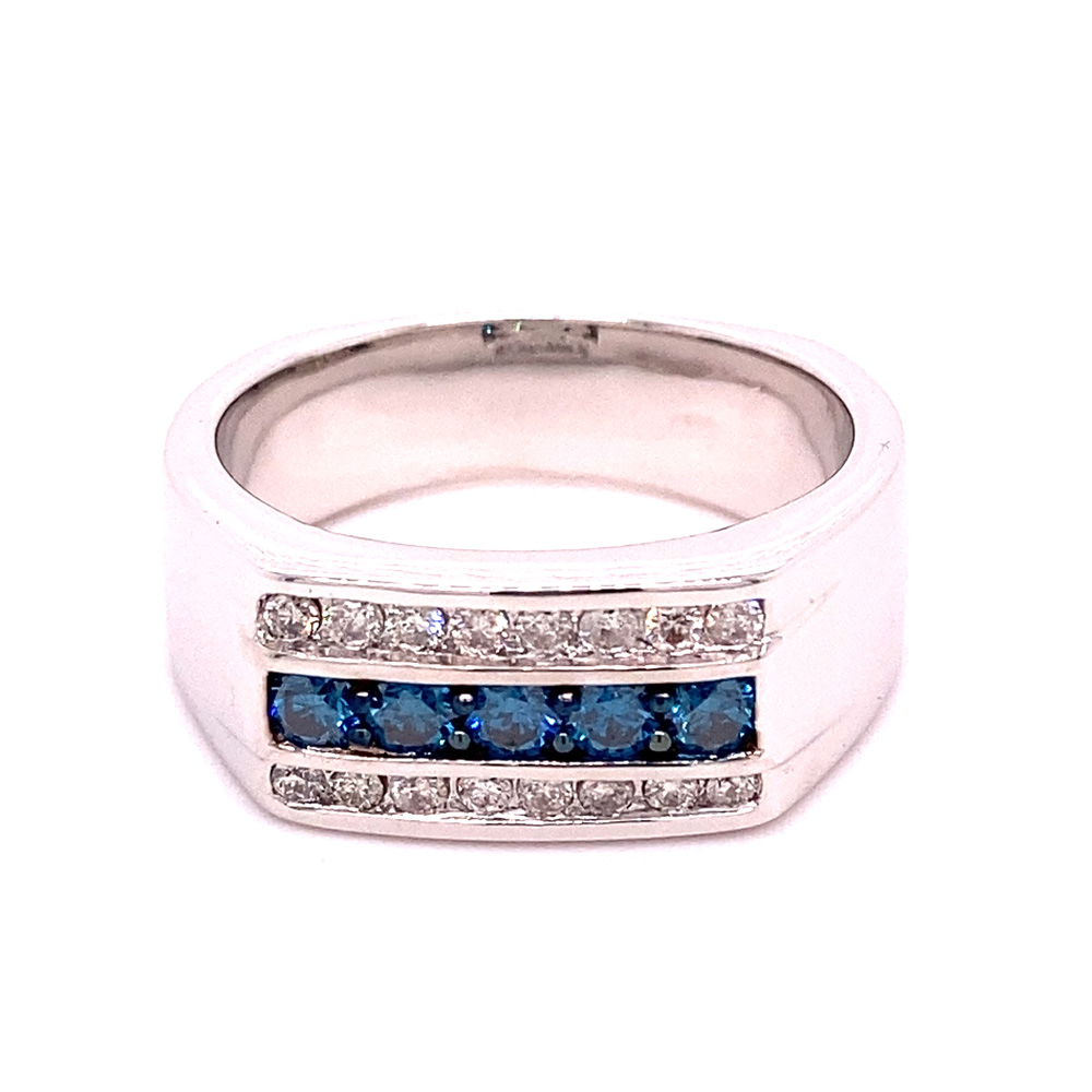 Blue Diamond Mens Ring in 14K White Gold