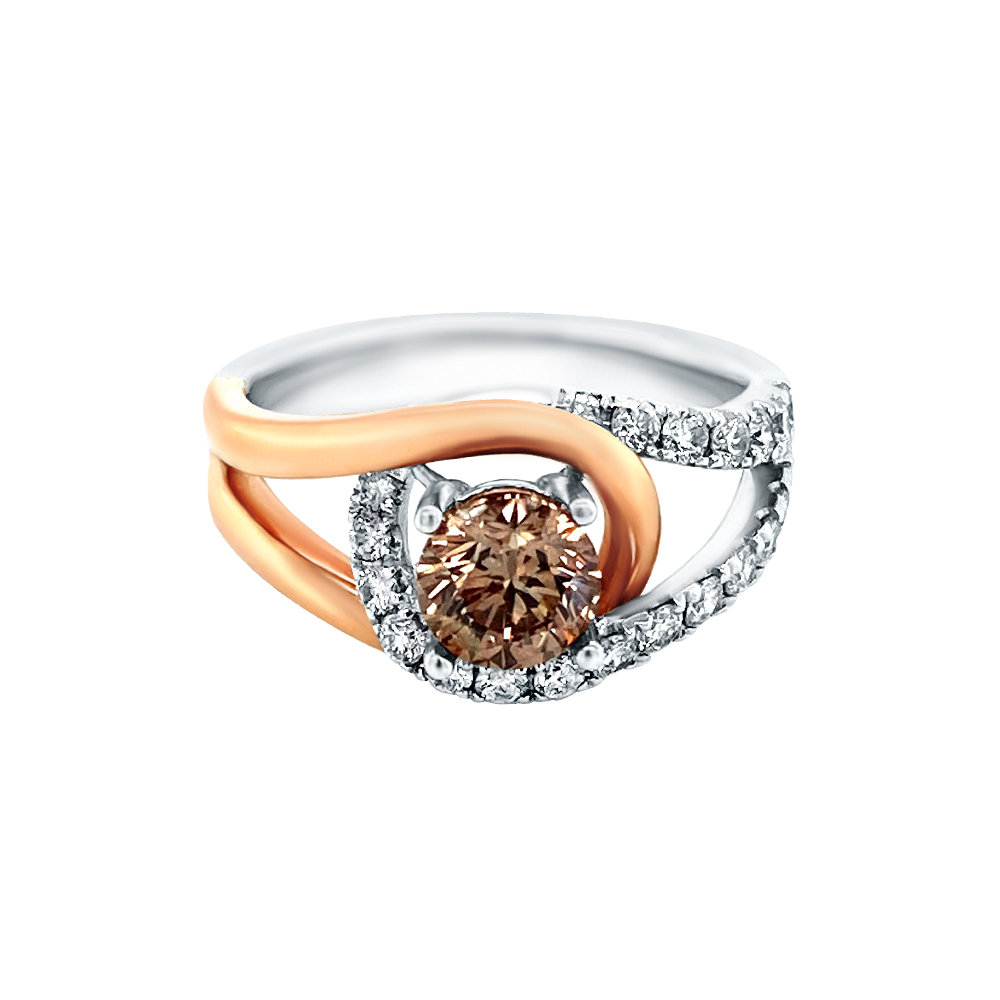 Orangy Brown Diamond Ring in 14K Two Tone Gold