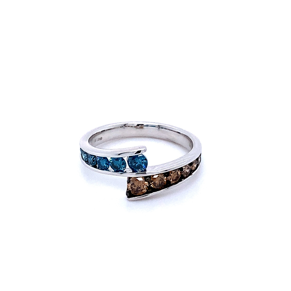 Orangy Brown and Blue Diamond Ladies Ring in 14K White Gold