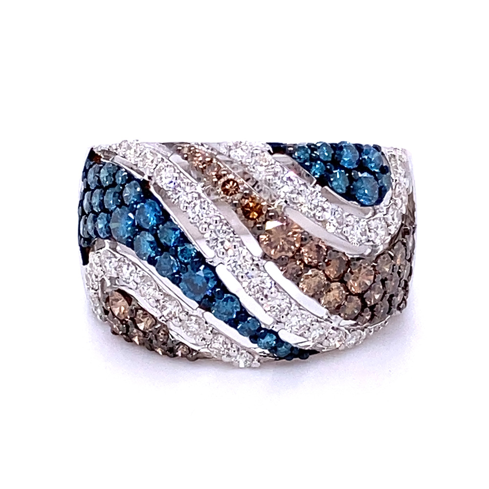 Orangy Brown And Blue Diamond Ladies Ring in 14K White Gold