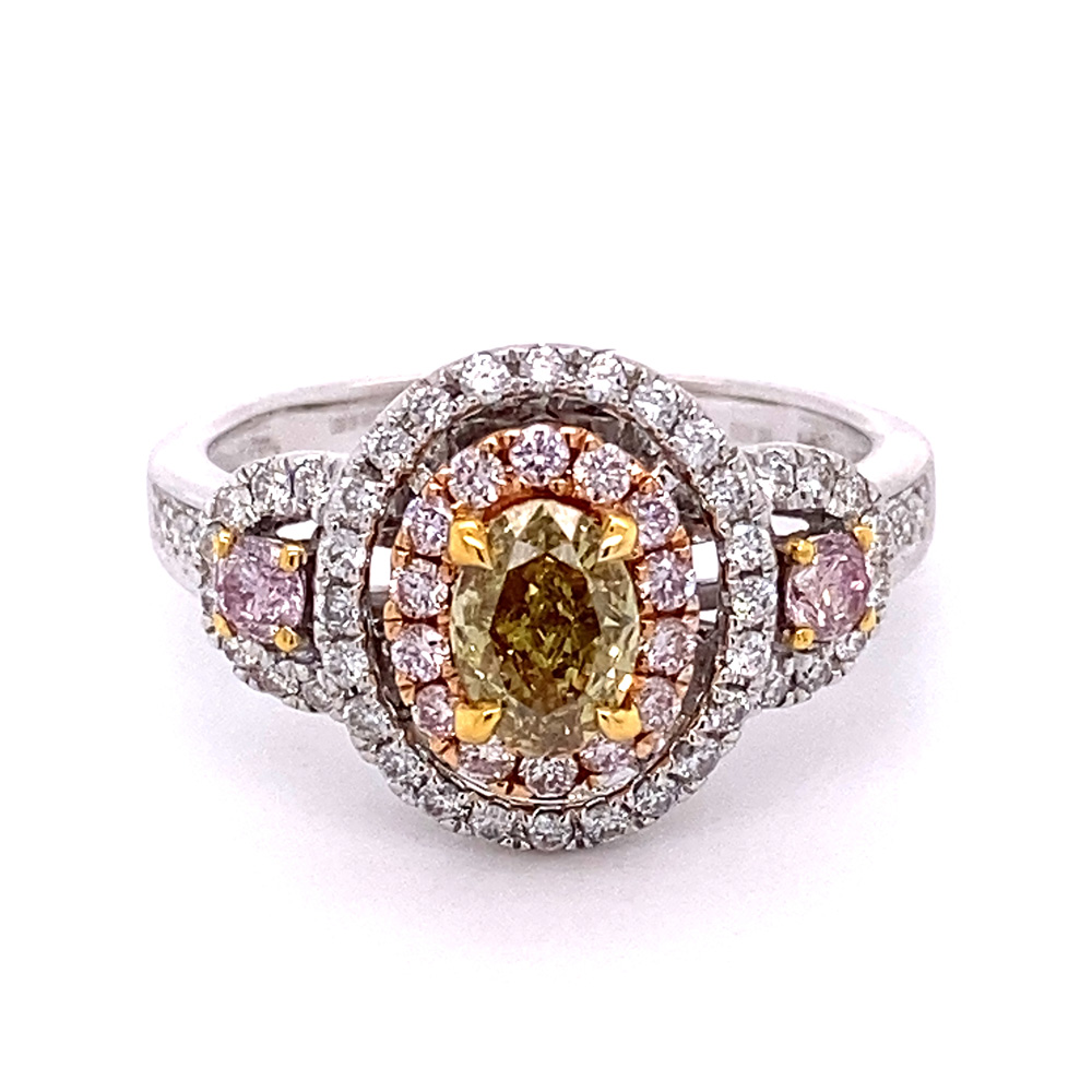 Natural Brownish-Yellow Diamond Ring in 18K Tri Tone Gold