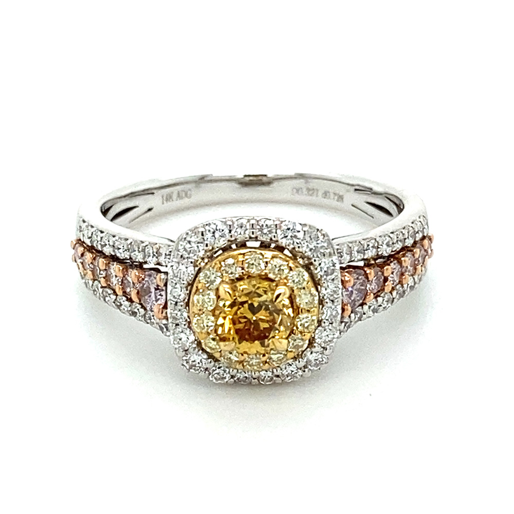Natural Orangy Yellow Diamond Ring in 14K Tri Tone Gold