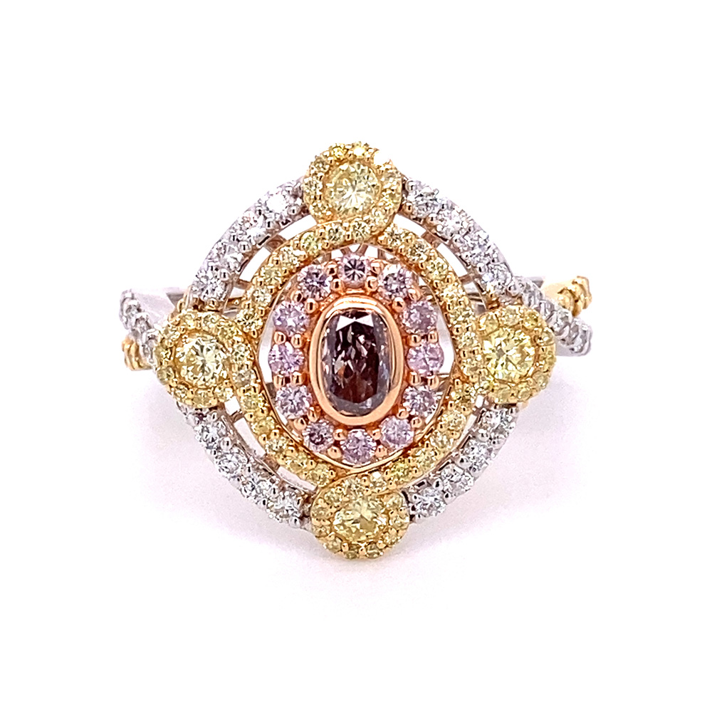 Natural Pink Brown Diamond Ring in 18K Tri Tone Gold