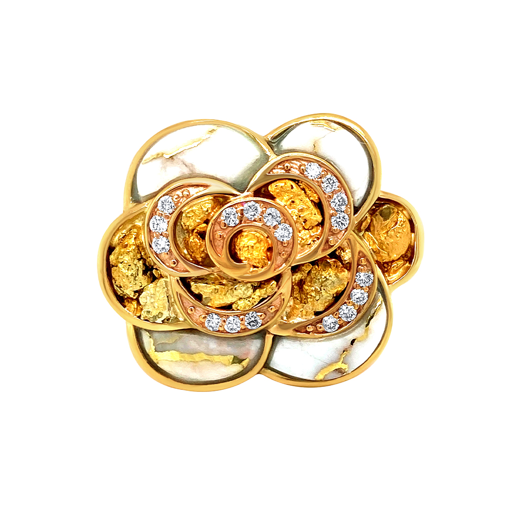 White Glacier Gold and Gold Nugget Ladies Ring in 14K Yellow Gold