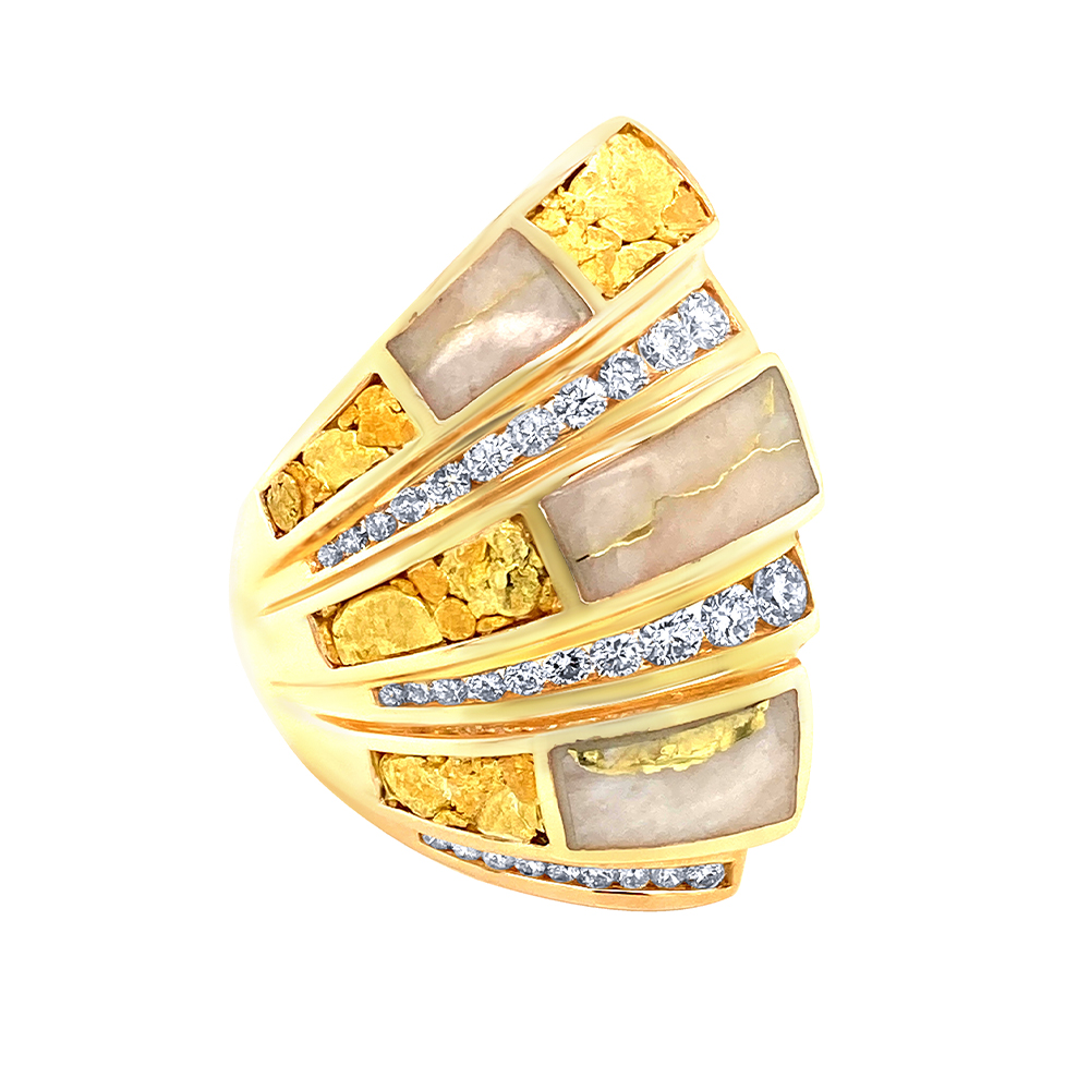 White Glacier Gold and Gold Nugget Ladies Ring in 14K Yellow Gold