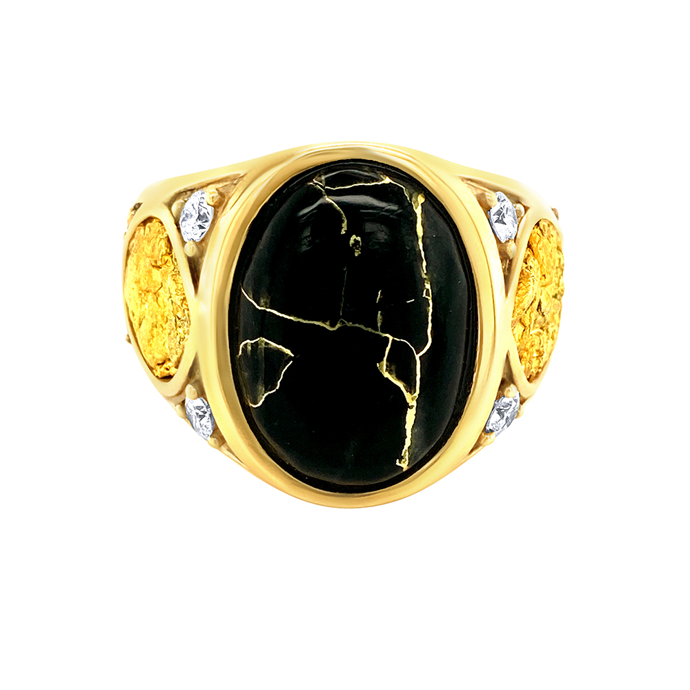 Black Glacier Gold & Gold Nugget Mens Ring in 14K Yellow Gold