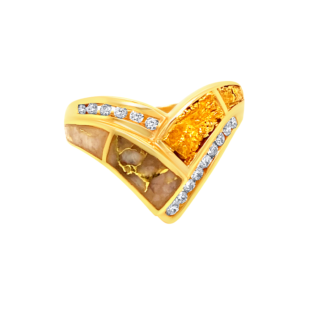 White Glacier Gold & Gold Nugget Ladies Ring in 14K Yellow Gold