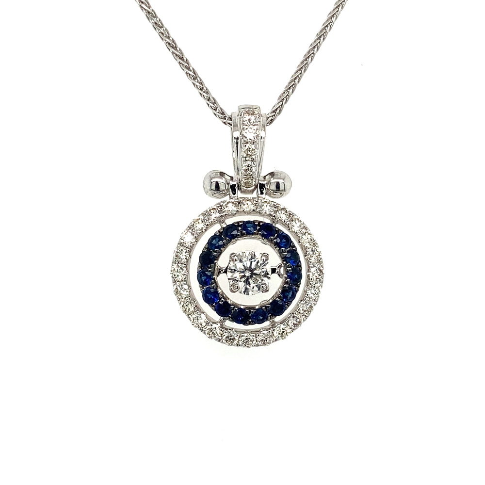 Dancing Diamond and Blue Sapphire Pendant in 14K White Gold