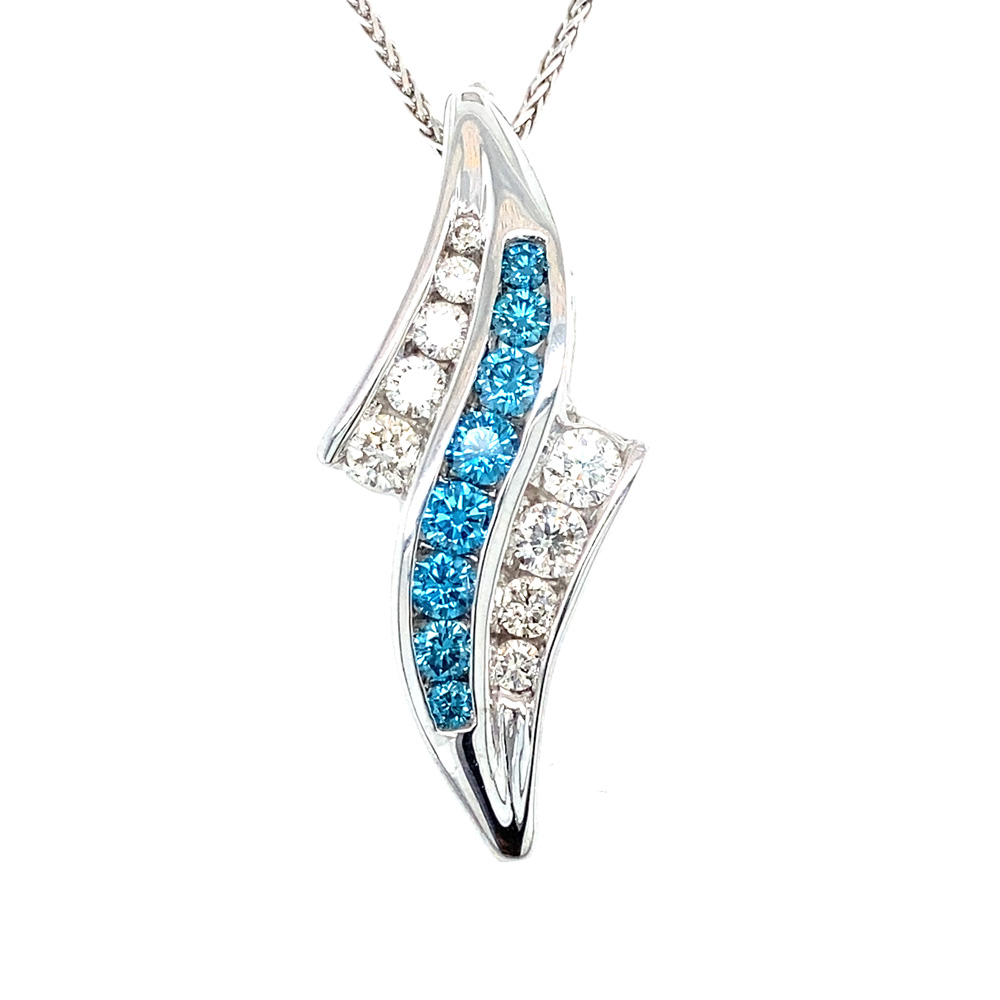 Blue and White Diamond Wave Pendant in 14K White Gold