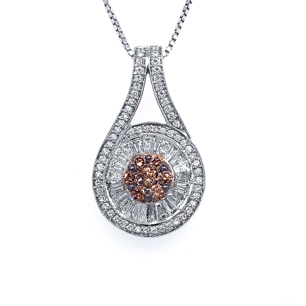 Orangy Brown Ladies Diamond Pendant in 14K Two Tone Gold