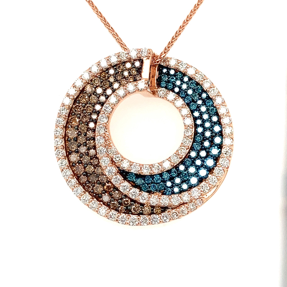 Brown, Blue and White Diamond Pendant in 14K Rose Gold