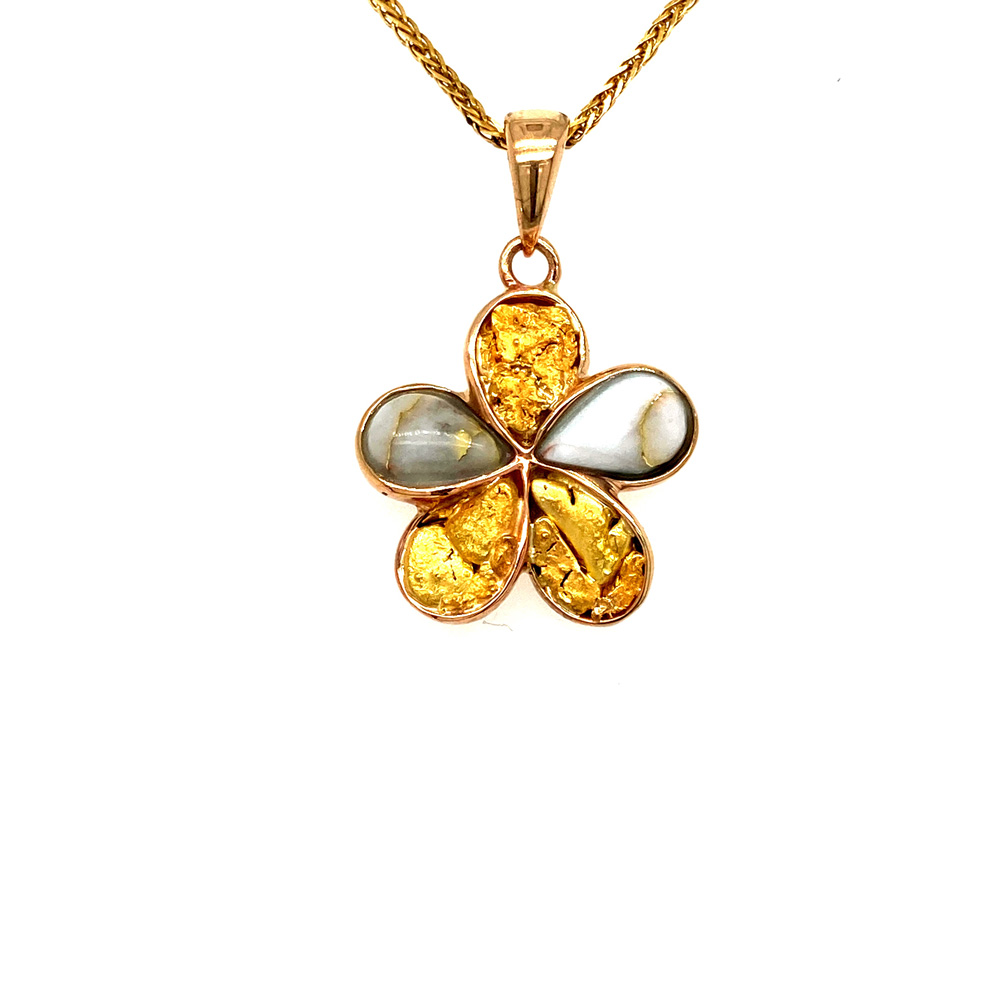 White Glacier Gold & Gold Nugget Ladies Pendant in 14K Yellow Gold