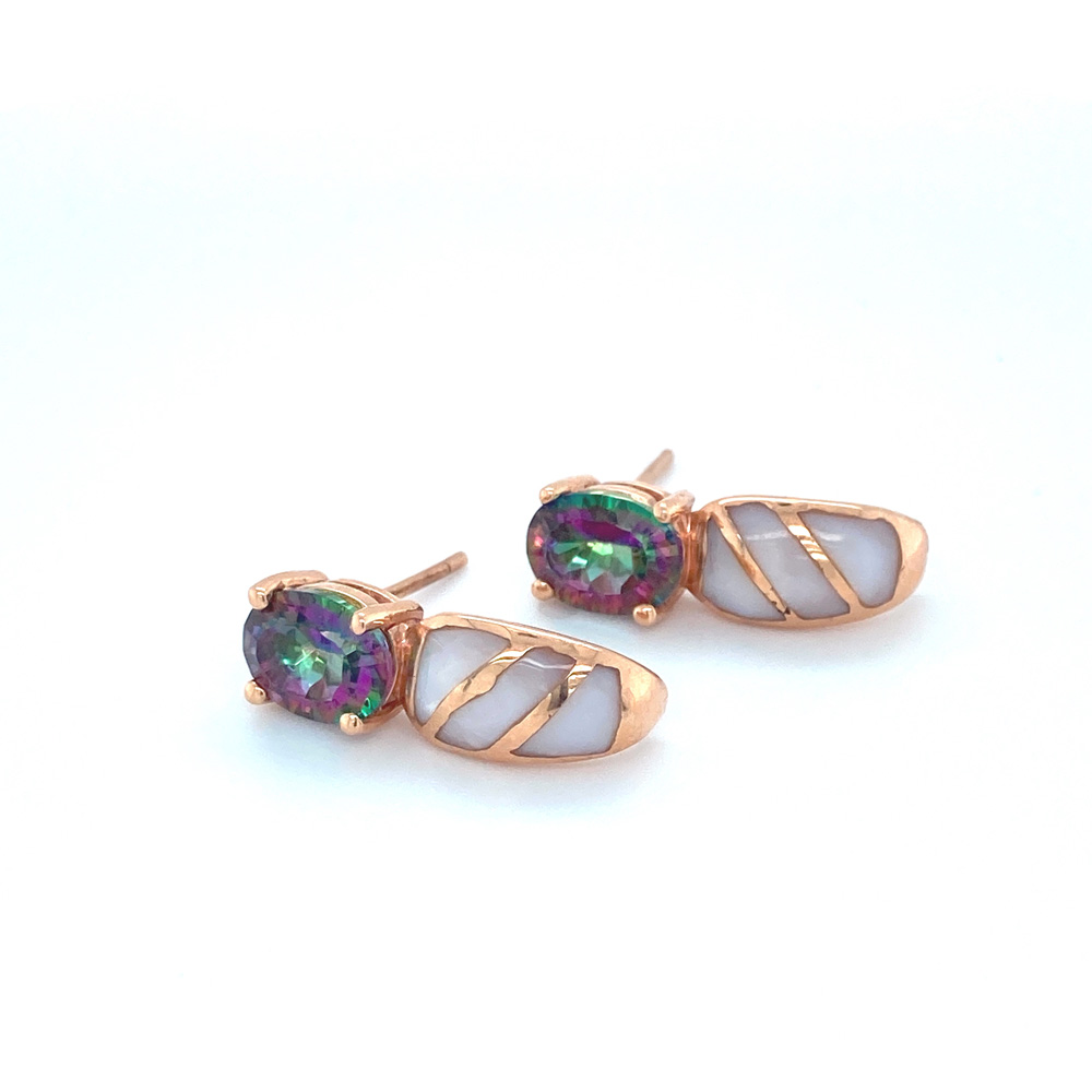 Rainbow Topaz and Pink Mother of Pearl Earring in 14K Yellow Gold