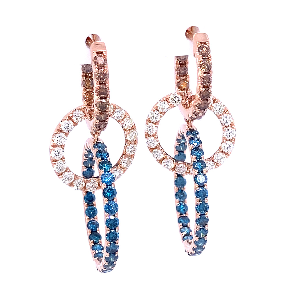 Orangy Brown and Blue Diamond Earrings in 14K Rose Gold