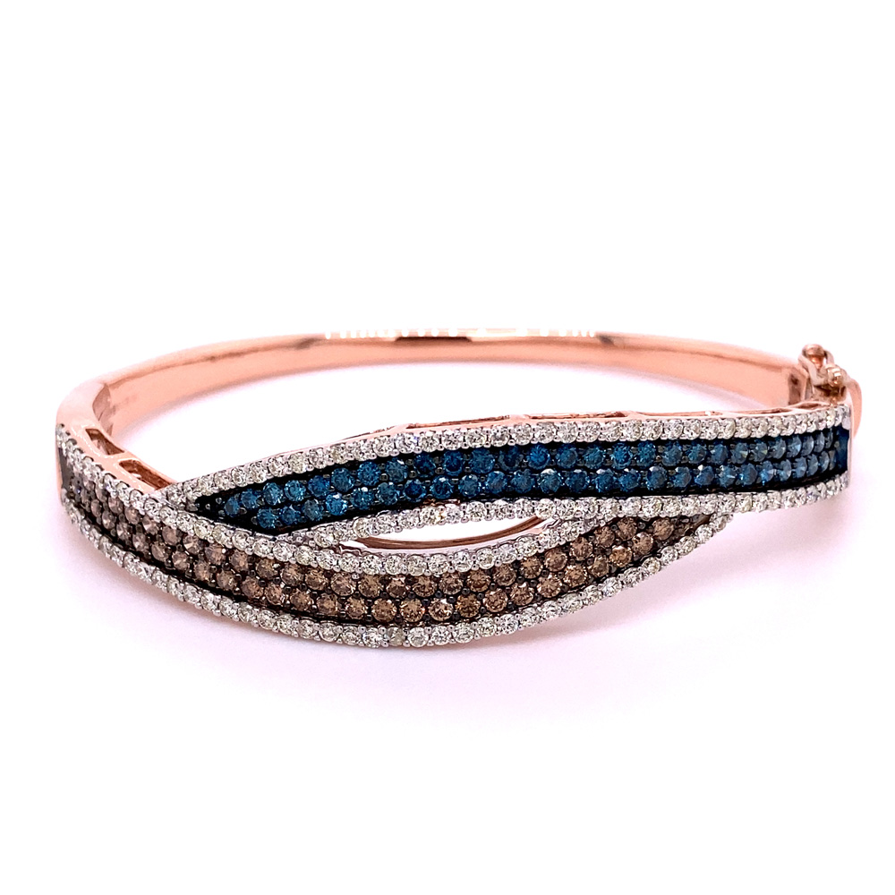 Orangy Brown and Blue Diamond Bangle in 14K Rose Gold