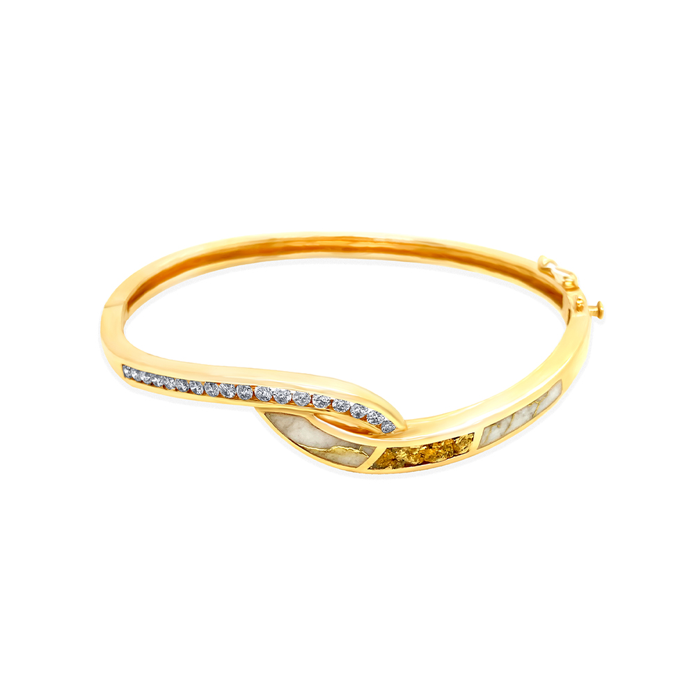 White Glacier Gold and Gold Nugget Bangle in 14K Yellow Gold
