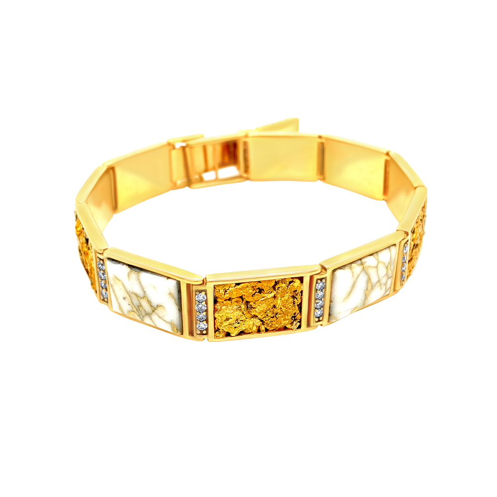 White Glacier Gold and Gold Nugget Mens Bracelet in 14K Yellow Gold