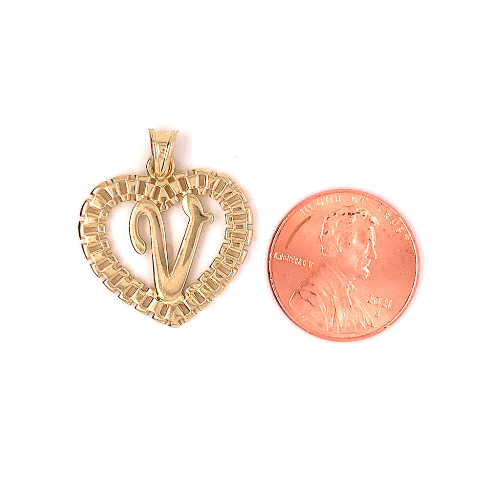 V-Initial Heart Charm Pendant in 10K Yellow Gold