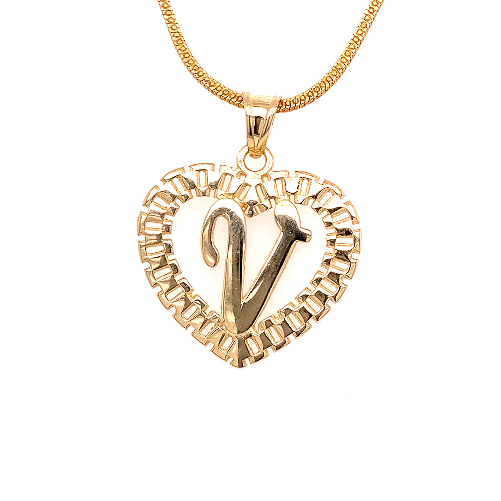 V-Initial Heart Charm Pendant in 10K Yellow Gold