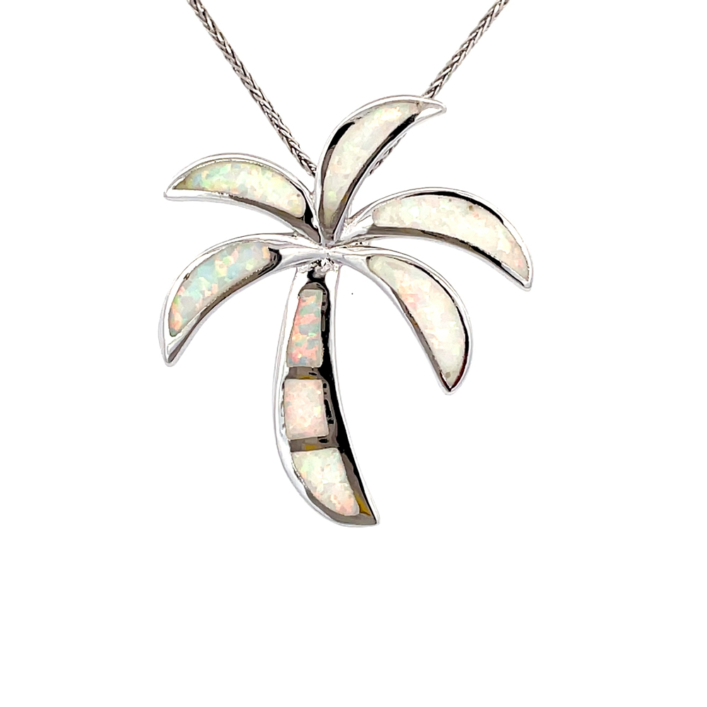 White Opal Palm Tree Pendant In Sterling Silver